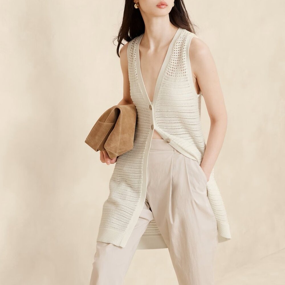 NWT! Banana Republic $120 Janie Long Ivory Mixed Stitch Cardigan Sweater Vest XL